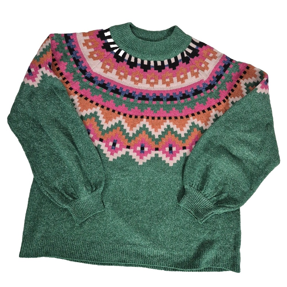 Maurices Sweater Womens Medium Green Fair Isle Mock Neck Balloon Sleeve Pullover